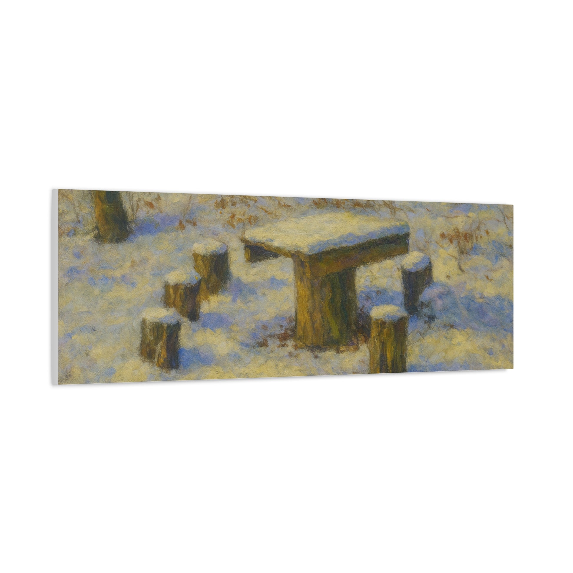 Snowy forest winter landscape canvas wall art, matte stretched print showcasing a serene winter scene with snow-covered trees.