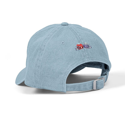 Red and blue embroidered football helmets denim hat with team cap design by Printify, featuring detailed stitching and casual style.