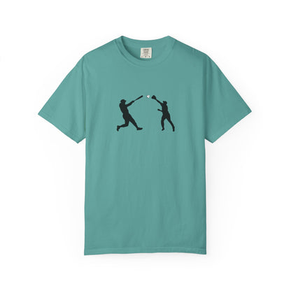 Minimal baseball player silhouette graphic T-shirt by Printify, featuring a simple baseball-themed design on a casual tee.