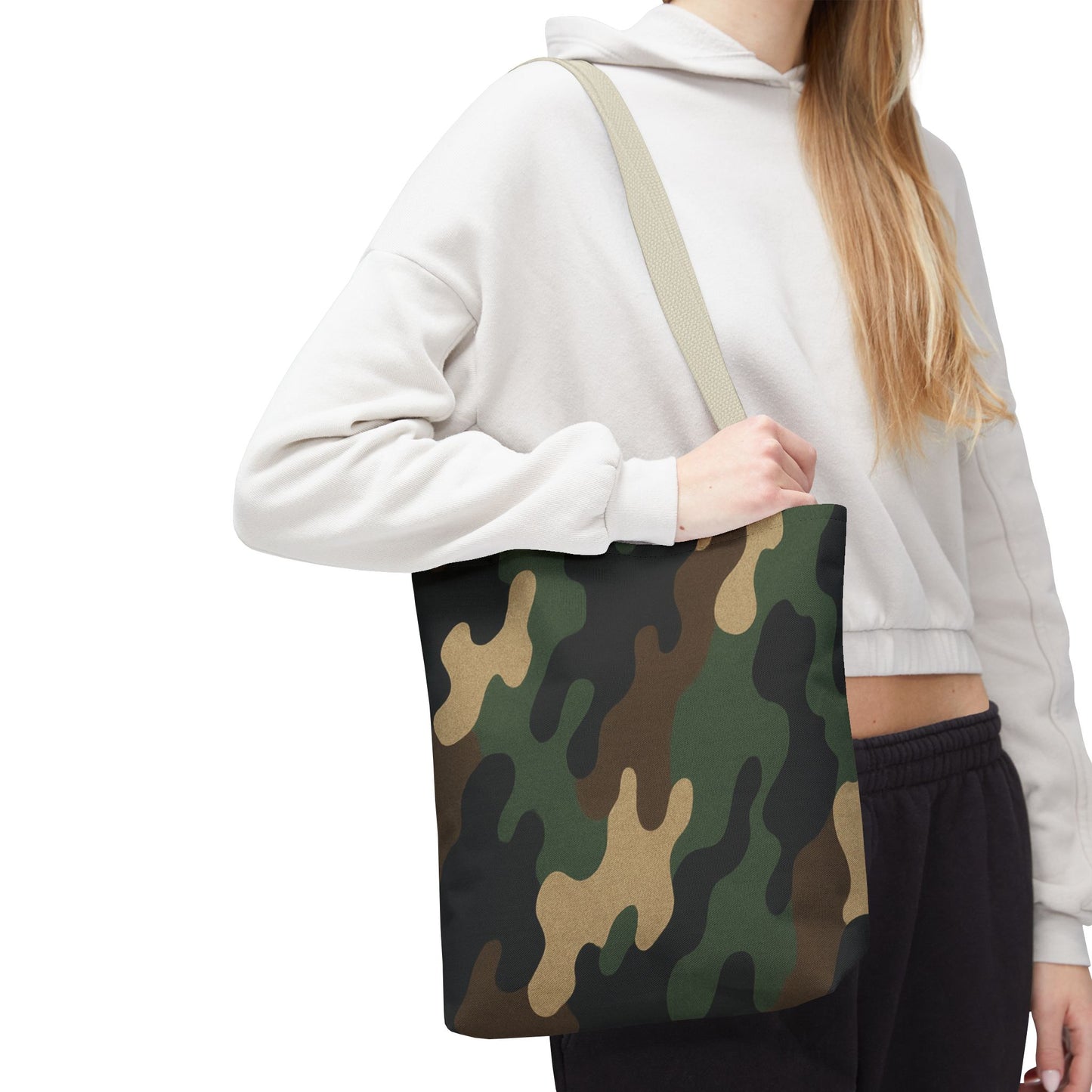 Camo pattern tote bag by Printify featuring all-over printed canvas with sturdy handles and spacious interior for everyday use.