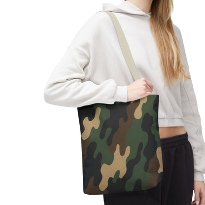 Camo pattern tote bag by Printify featuring all-over printed canvas with sturdy handles and spacious interior for everyday use.