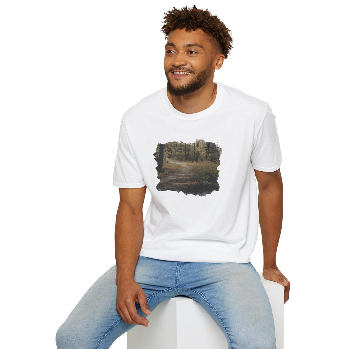 Vintage forest landscape T-shirt by Printify featuring a nature pathway design on a casual cotton tee.