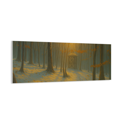 Matte stretched canvas print of a Misty Forest Sunrise landscape by Printify, featuring vibrant colors and detailed forest scenery.