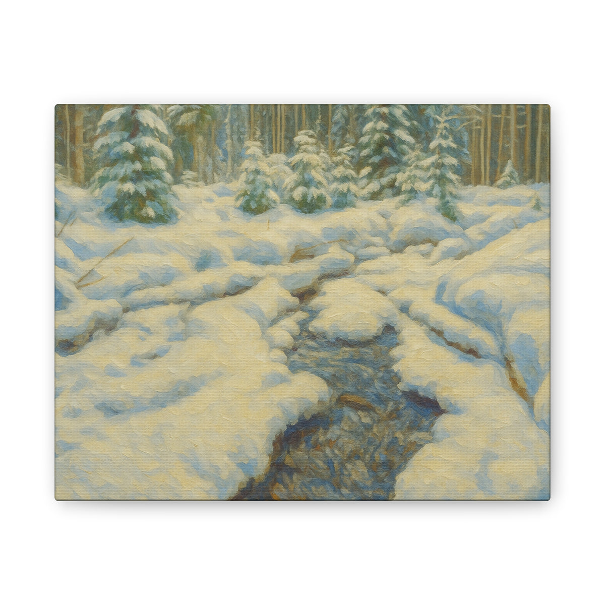 Winter landscape canvas wall art featuring a snowy forest and stream, printed by Printify on stretched canvas.