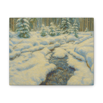 Winter landscape canvas wall art featuring a snowy forest and stream, printed by Printify on stretched canvas.
