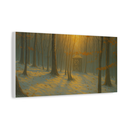 Matte stretched canvas featuring Misty Forest Sunrise art print by Printify, showcasing a serene forest scene at dawn.