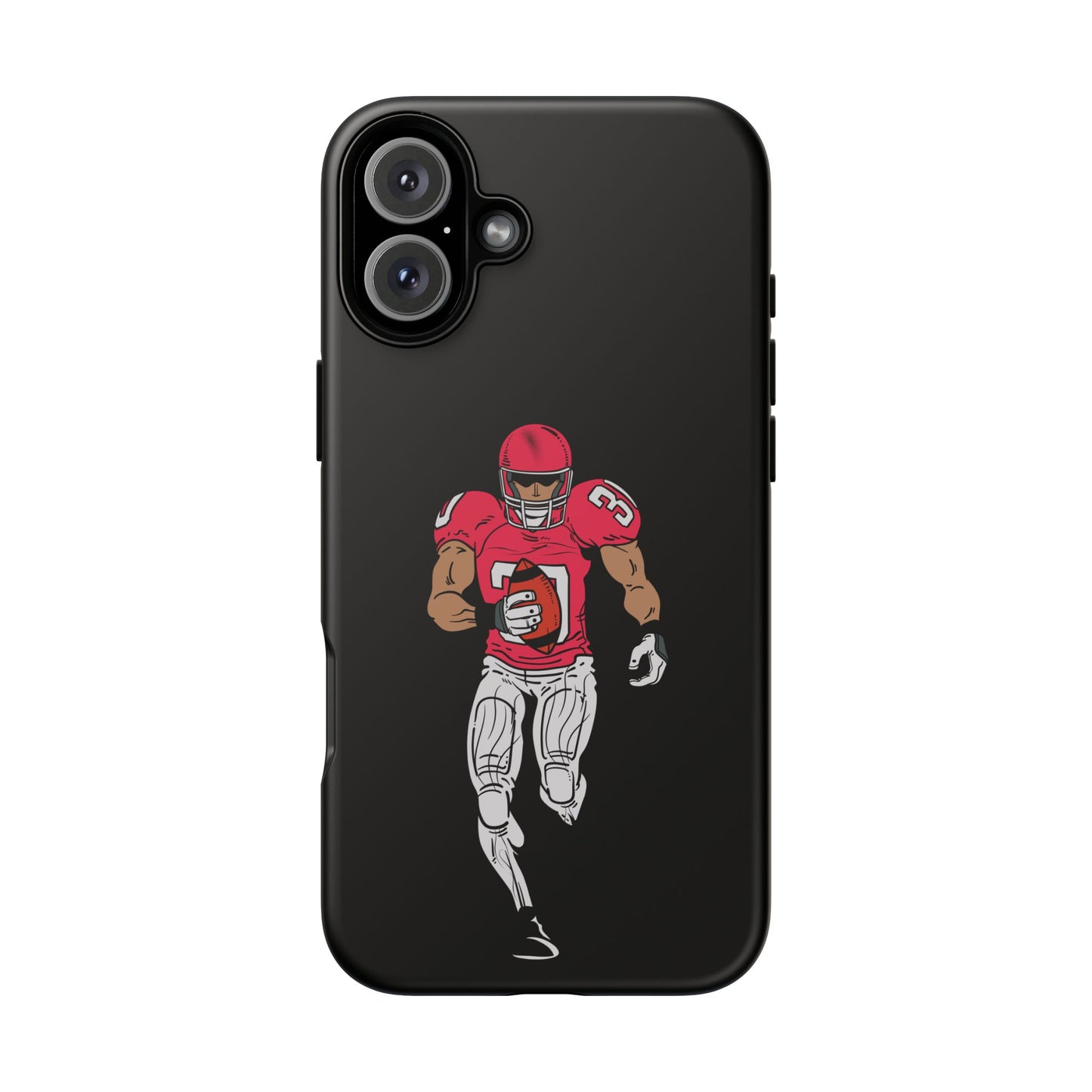Black football player tough phone case for iPhone, durable protective sports design by Printify, featuring athletic imagery.
