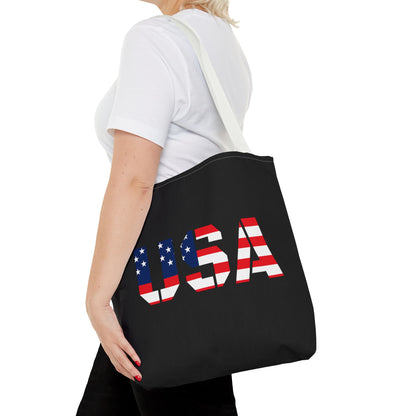 USA flag tote bag by Printify showing a patriotic reusable summer carryall with red, white, and blue stars and stripes.