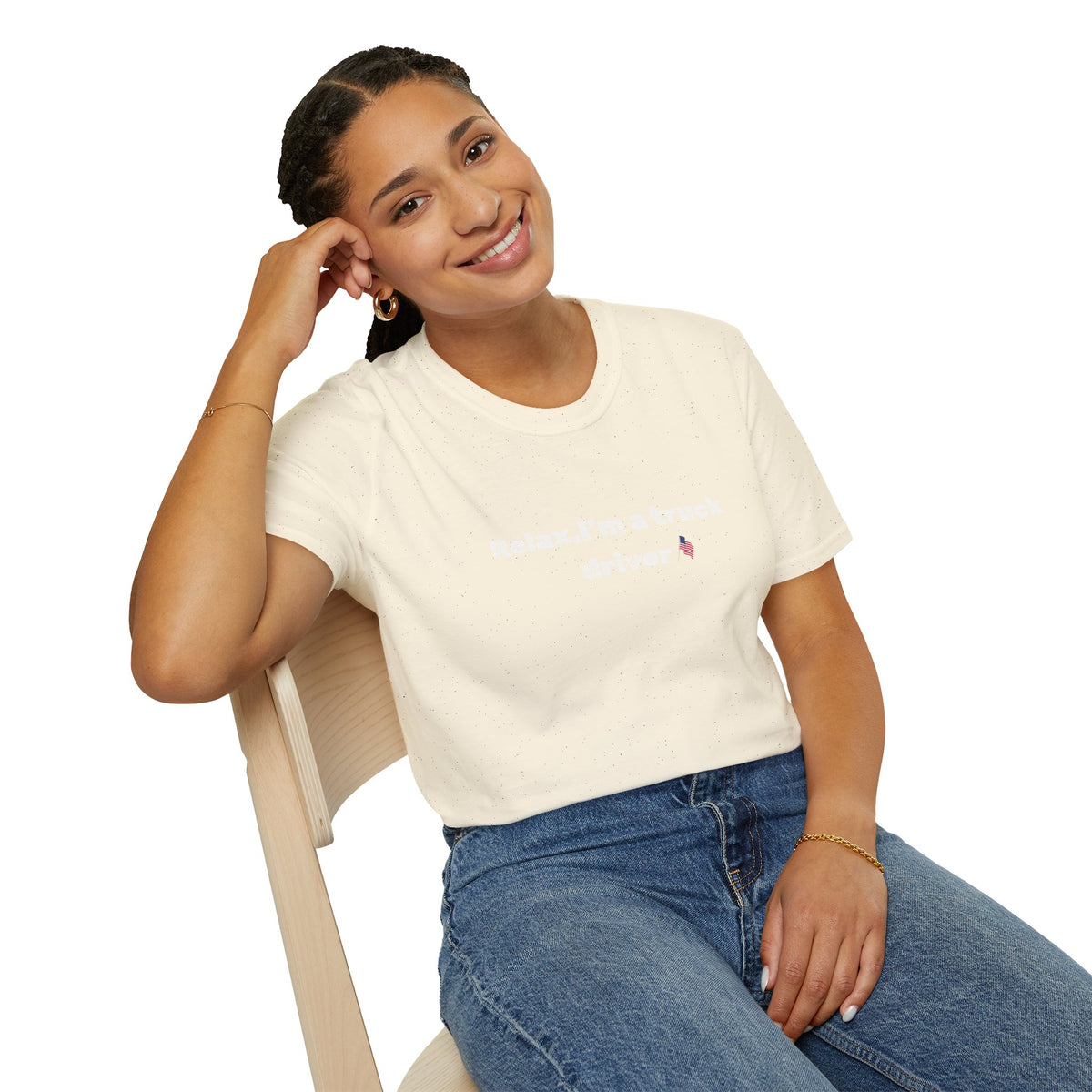 Pink heart graphic on a relaxed fit truck driver T-shirt with humorous "Relax, I'm a Truck Driver" text by Printify.