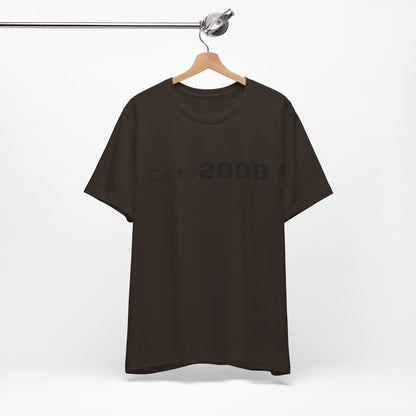Black graphic T-shirt by Printify with "Established 2008" text and minimal design, casual fit, displayed on a flat surface.