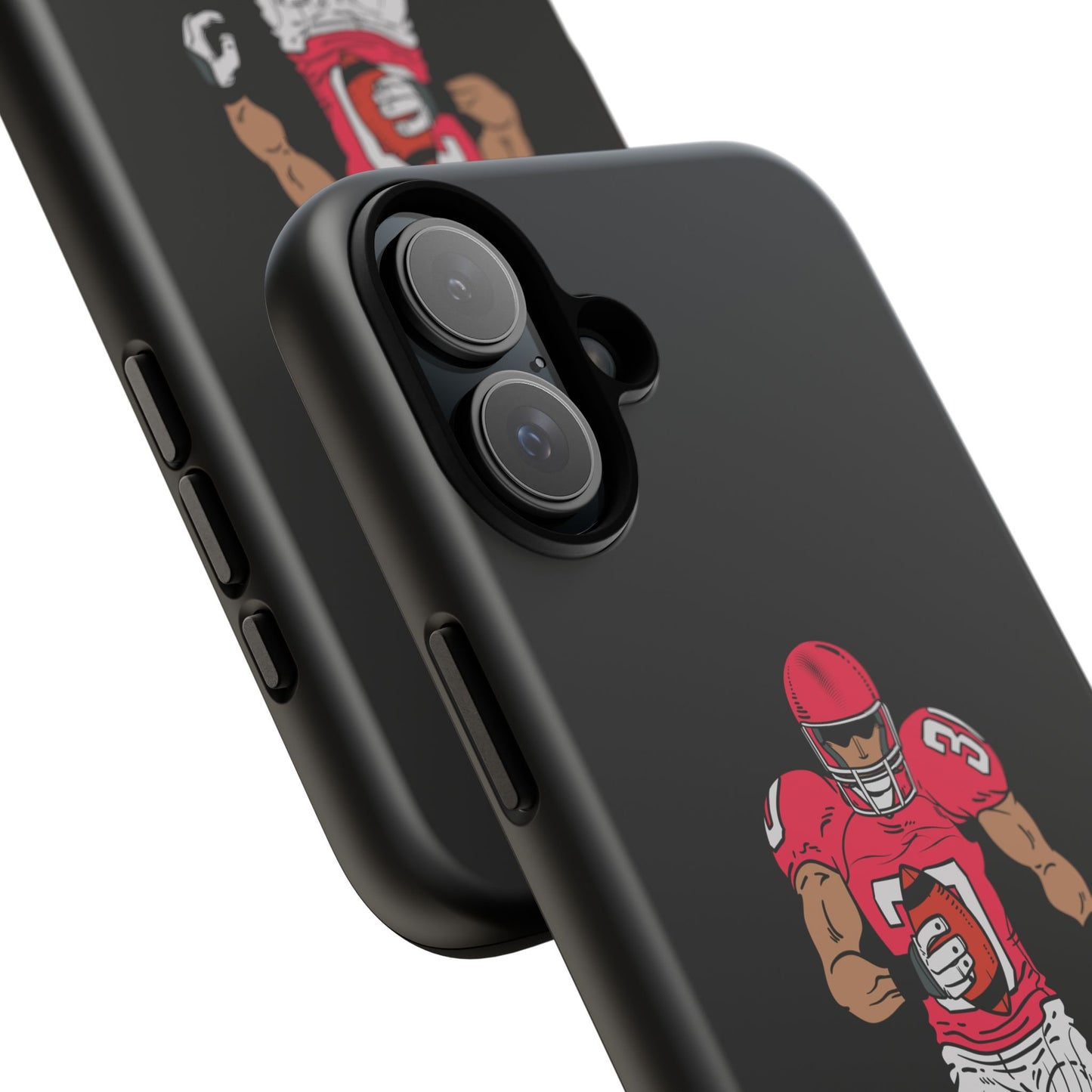 Black football player tough phone case for iPhone, protective sports design by Printify with athletic-themed artwork.