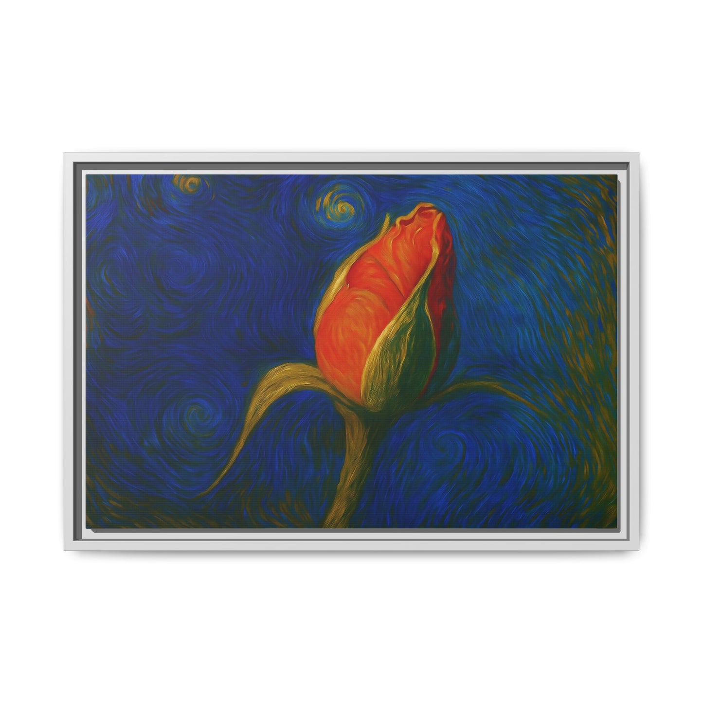Red rose bud painting on canvas framed wall art by Printify, featuring vibrant red roses in a matte floral design.