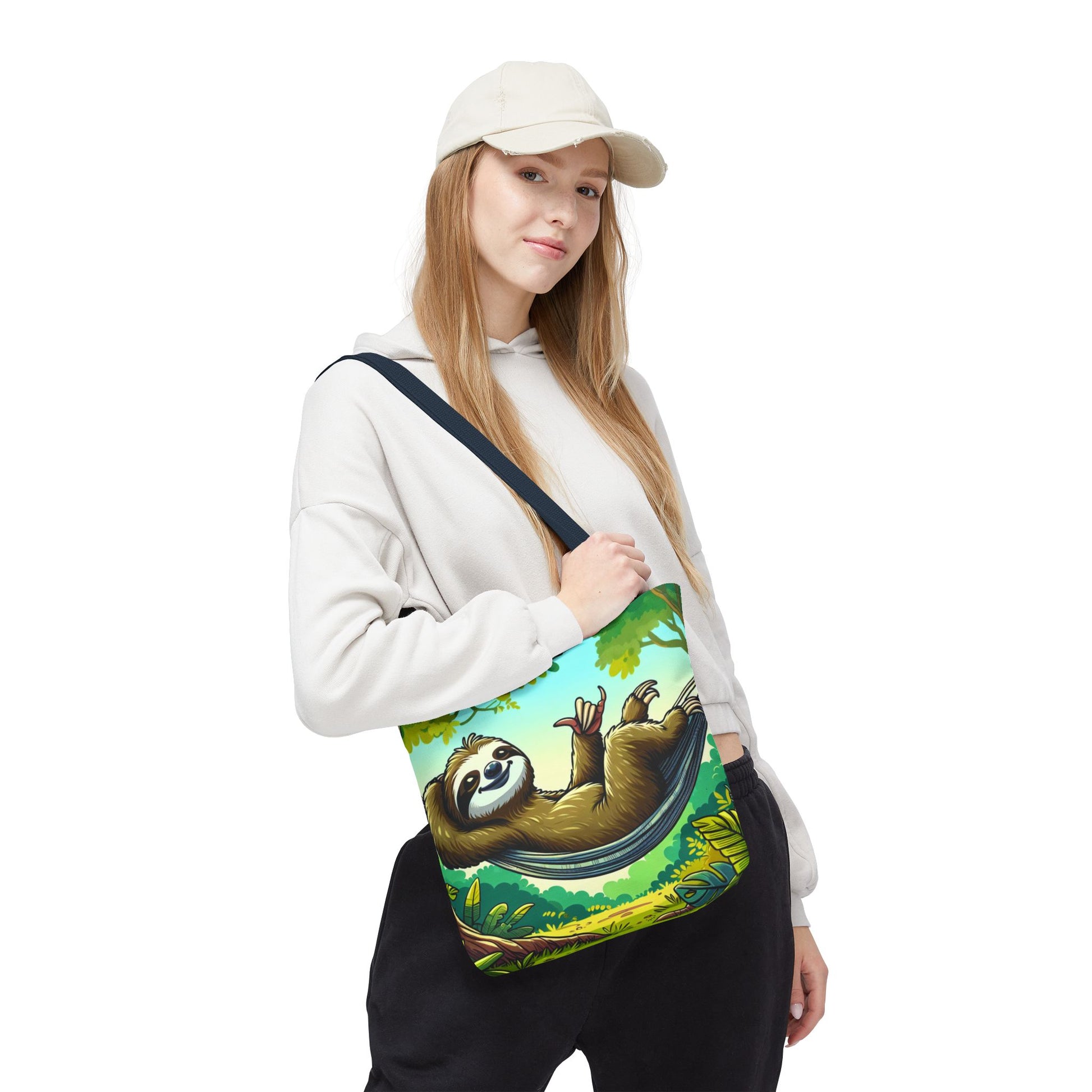 Cute eco-friendly sloth tote bag from Printify featuring a playful sloth design, perfect for animal lovers and casual carry.