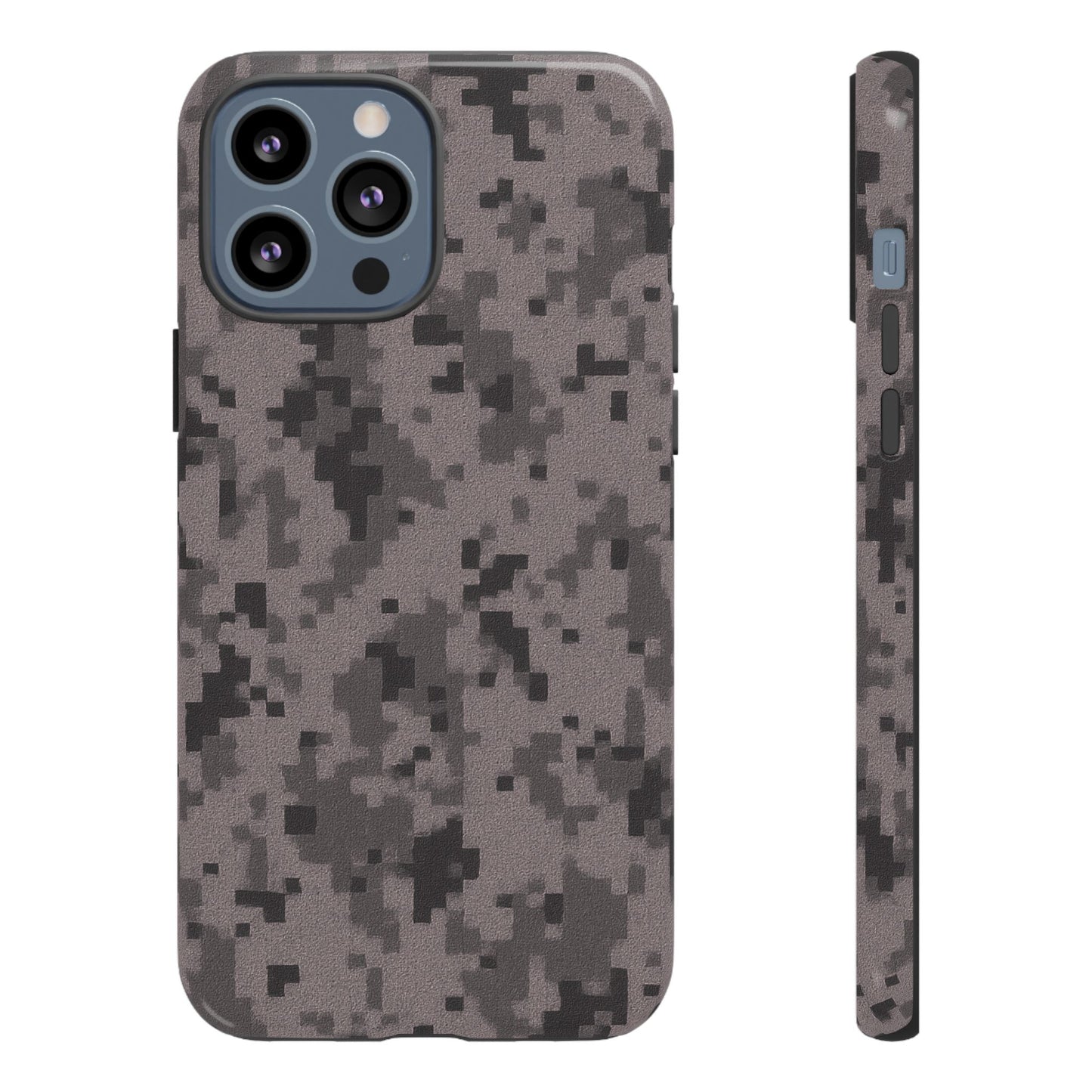 Gray digital camouflage phone case by Printify, tough protective cover for smartphones with a rugged camo design.
