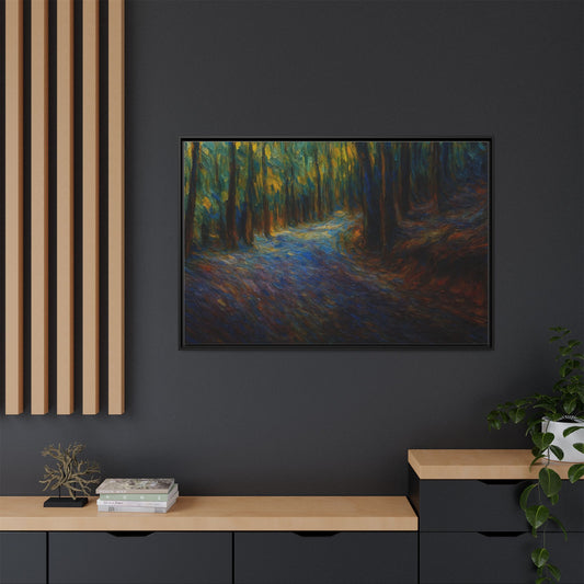 Framed Matte Canvas Wall Art — Impressionist Forest Path in Moody Multi-Color