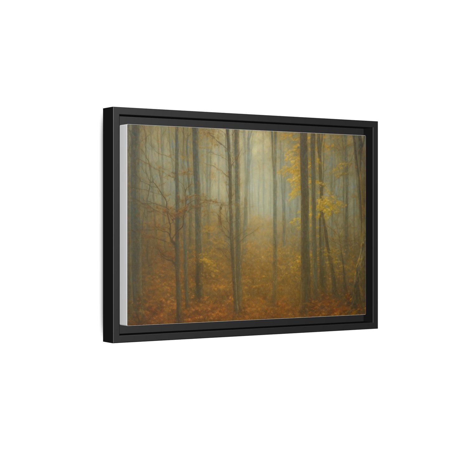 Framed matte canvas wall art featuring a misty autumn forest scene, vibrant colors and detailed nature imagery.