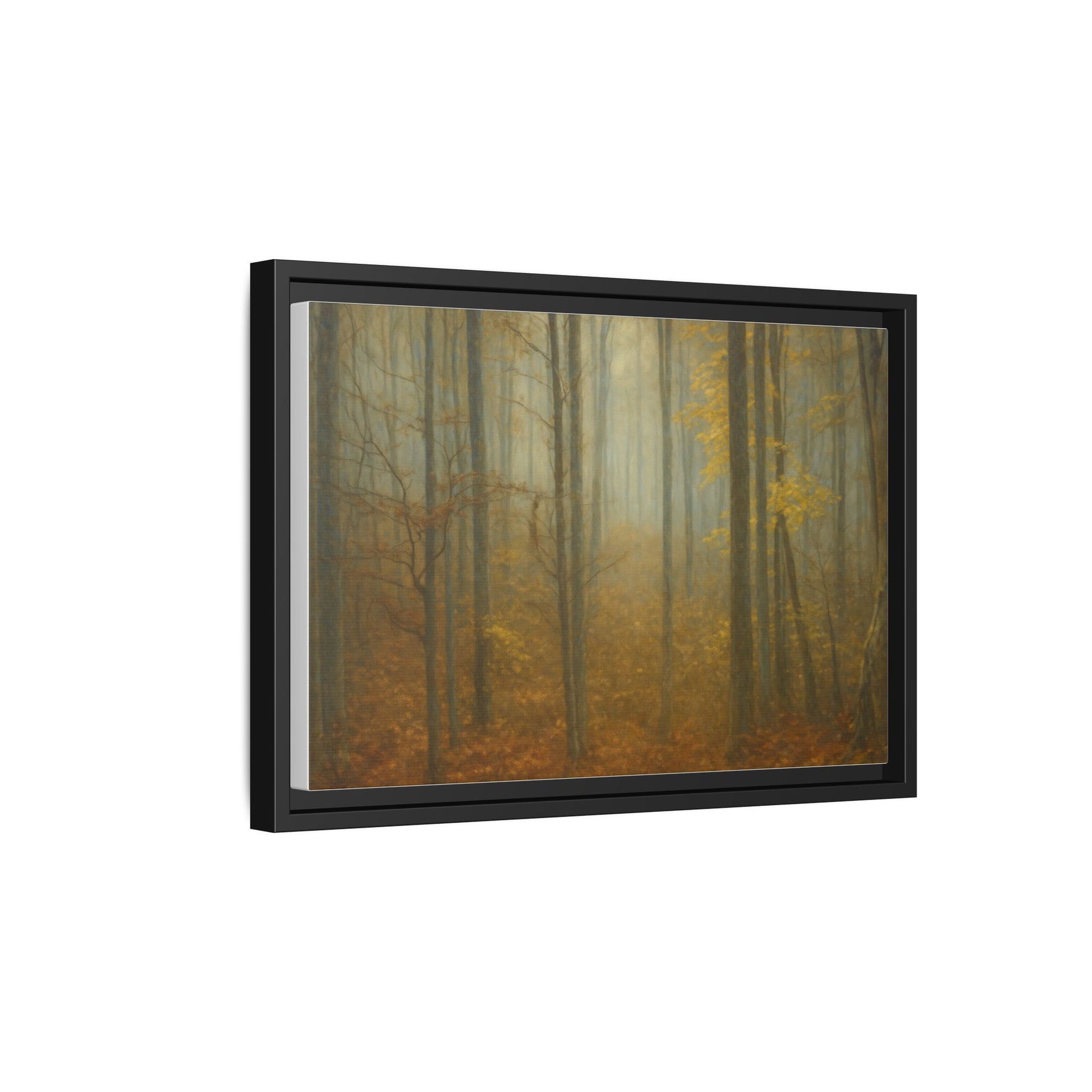 Framed matte canvas wall art featuring a misty autumn forest scene, vibrant colors and detailed nature imagery.