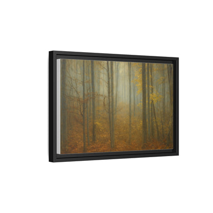 Framed matte canvas wall art featuring a misty autumn forest scene, vibrant colors and detailed nature imagery.