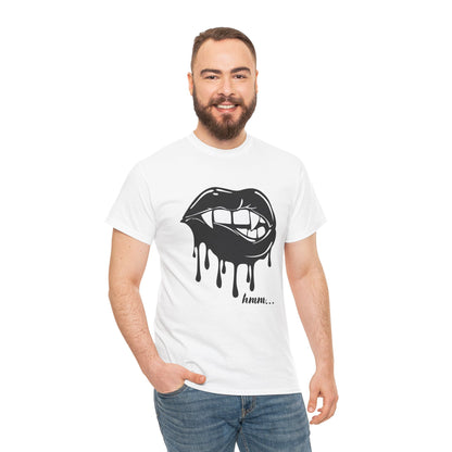 Black graphic T-shirt from Printify featuring dripping lips and "hmm..." bite design on the front.