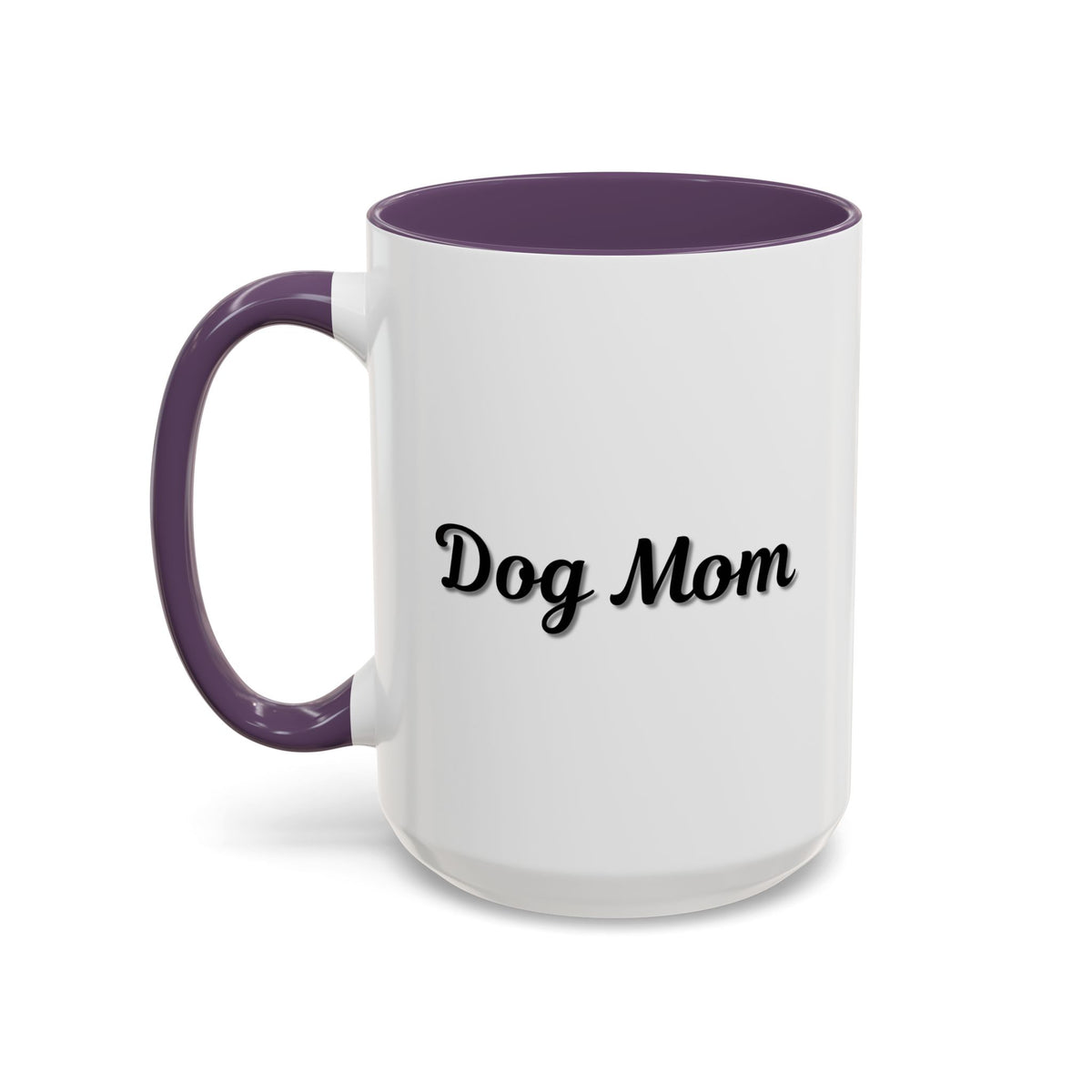 Dog Mom Accent Coffee Mug — white ceramic coffee mug with retro script "Dog Mom" print, colored interior and C-handle, 11oz/15oz, additional angle