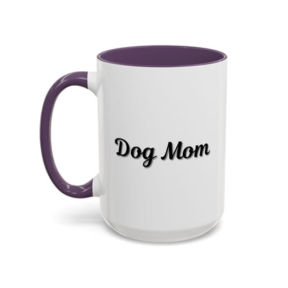 Dog Mom Accent Coffee Mug — white ceramic coffee mug with retro script "Dog Mom" print, colored interior and C-handle, 11oz/15oz, additional angle