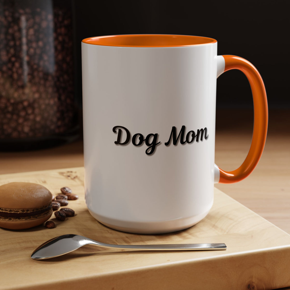 Dog Mom Accent Coffee Mug — white ceramic coffee mug with retro script "Dog Mom" print, colored interior and C-handle, 11oz/15oz, styled lifestyle product photo