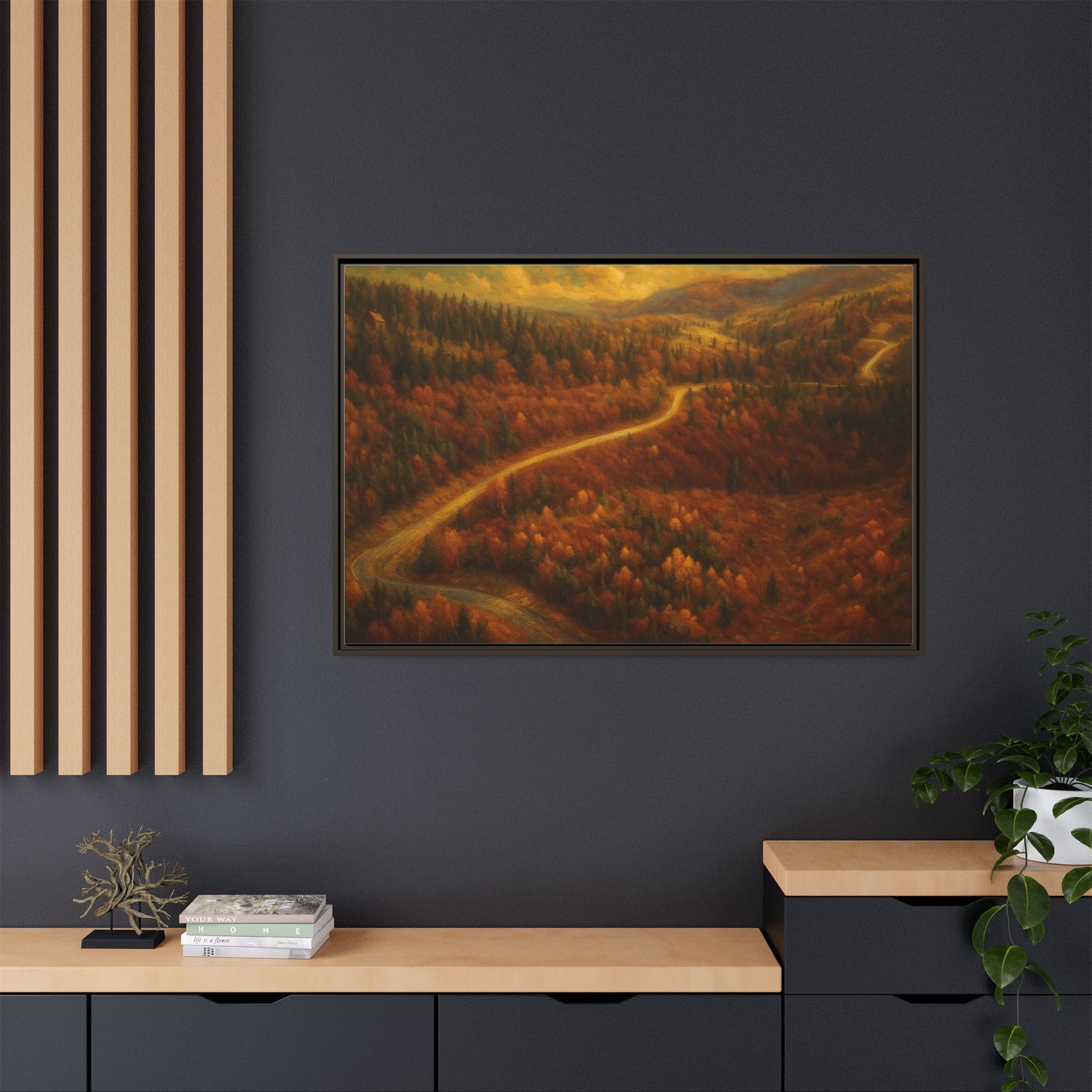 Framed matte canvas print of autumn forest road landscape wall art by Printify, showcasing vibrant fall trees and scenic woodland path.