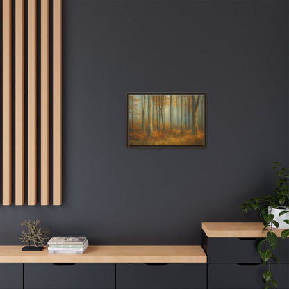 Framed autumn forest canvas print featuring misty woodland scene, wall art by Printify for nature-inspired home decor.