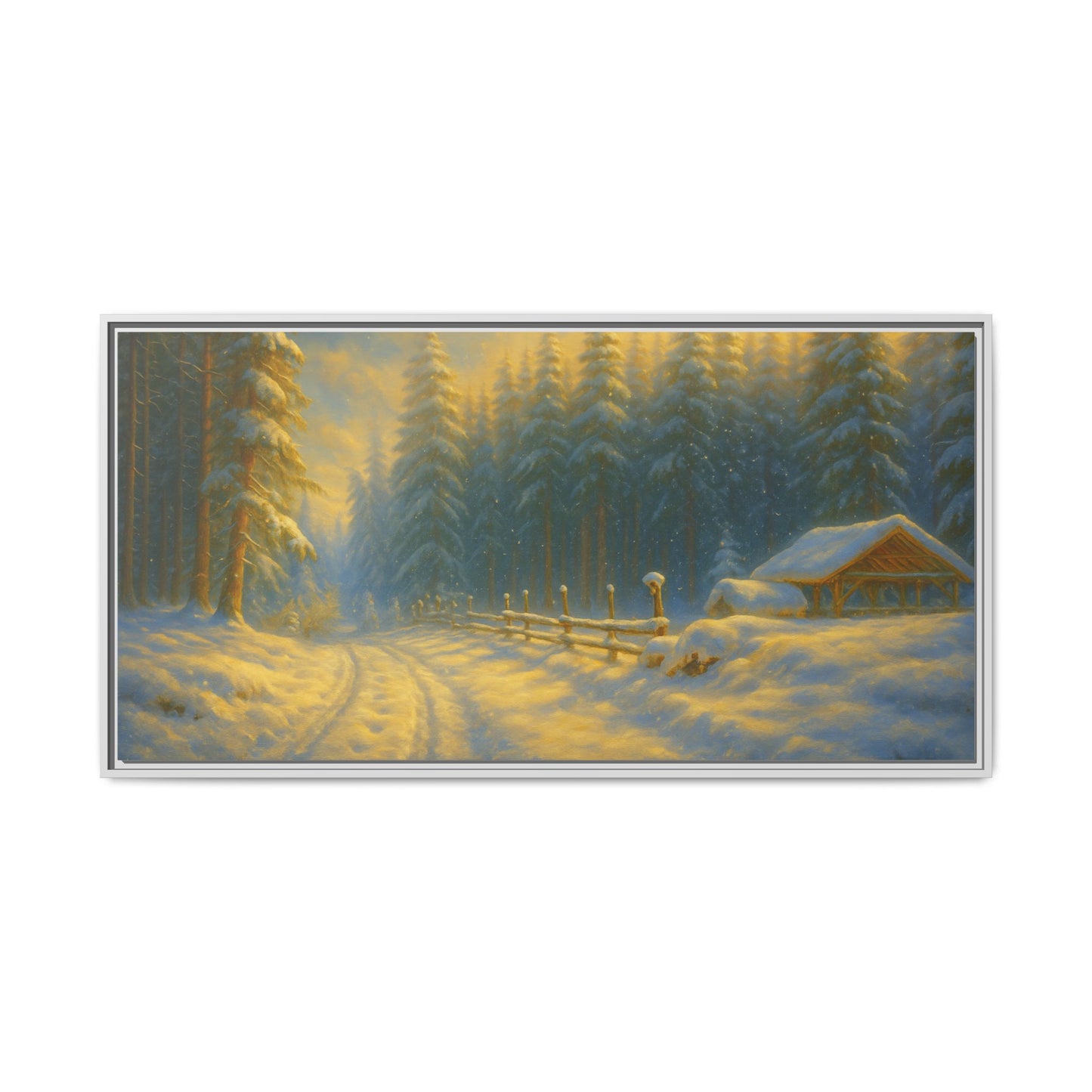 Framed winter cabin canvas print featuring a snowy forest sunset, wall art by Printify with a cozy winter scene.