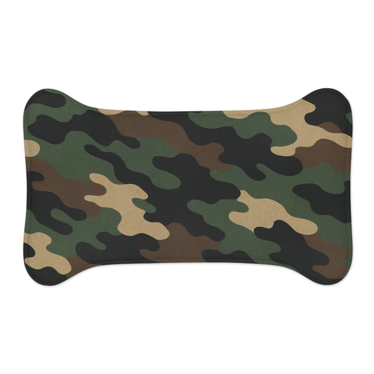 Waterproof camo pet feeding mat for dogs and cats, non-slip placemat by Printify, designed to keep feeding area clean and secure.