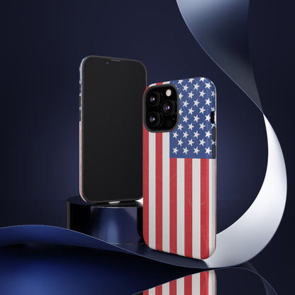 Durable American flag phone case for iPhone, patriotic design, protective tough cover by Printify, showcasing bold flag graphics.