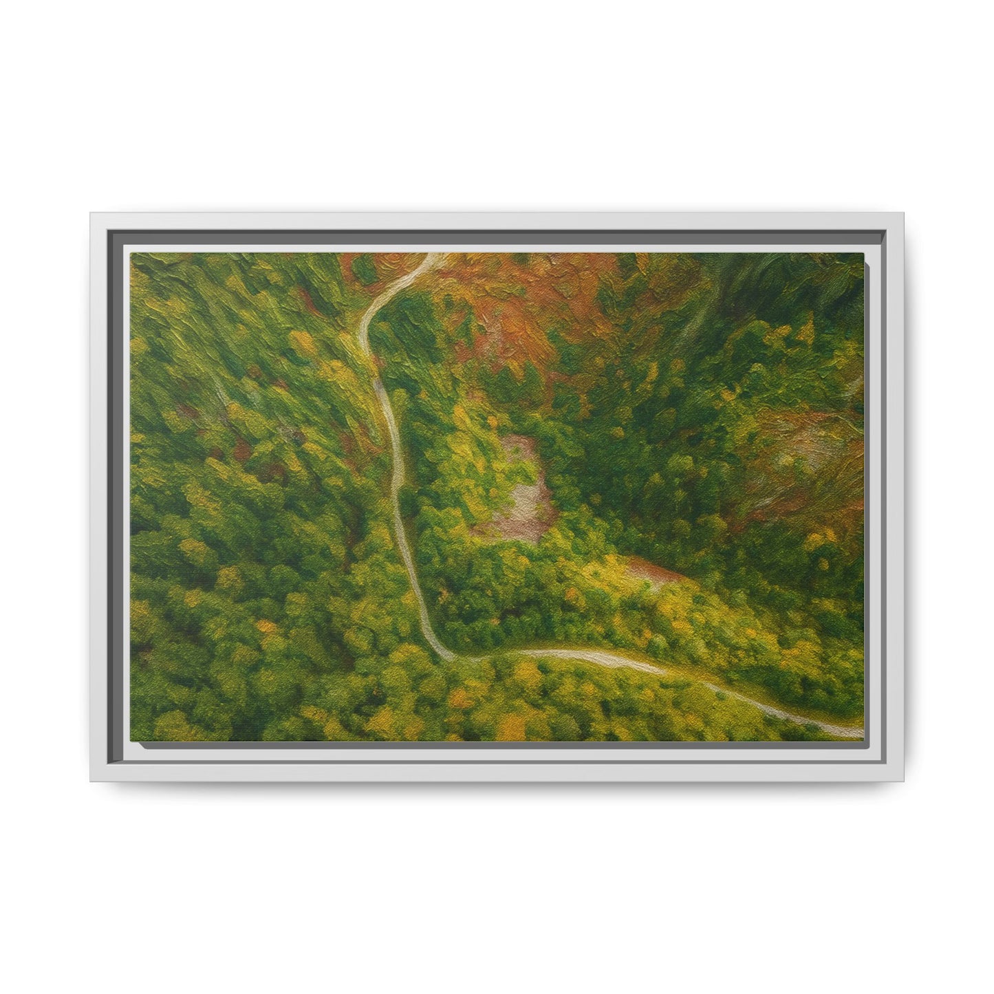 Colorful framed matte canvas wall art featuring an aerial view of a forest path landscape by Printify