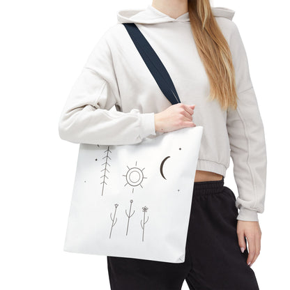 Minimal Moon and Sun botanical tote bag featuring celestial line art design, made by Printify, with natural botanical and celestial motifs.