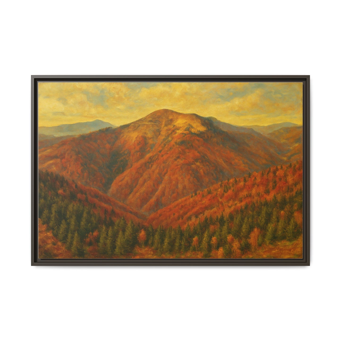 Autumn mountain landscape canvas wall art by Printify, featuring a matte framed mountain scene in warm autumn colors.