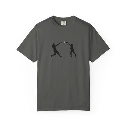 Black baseball silhouette graphic T-shirt for men, featuring minimal baseball player design on soft cotton fabric.