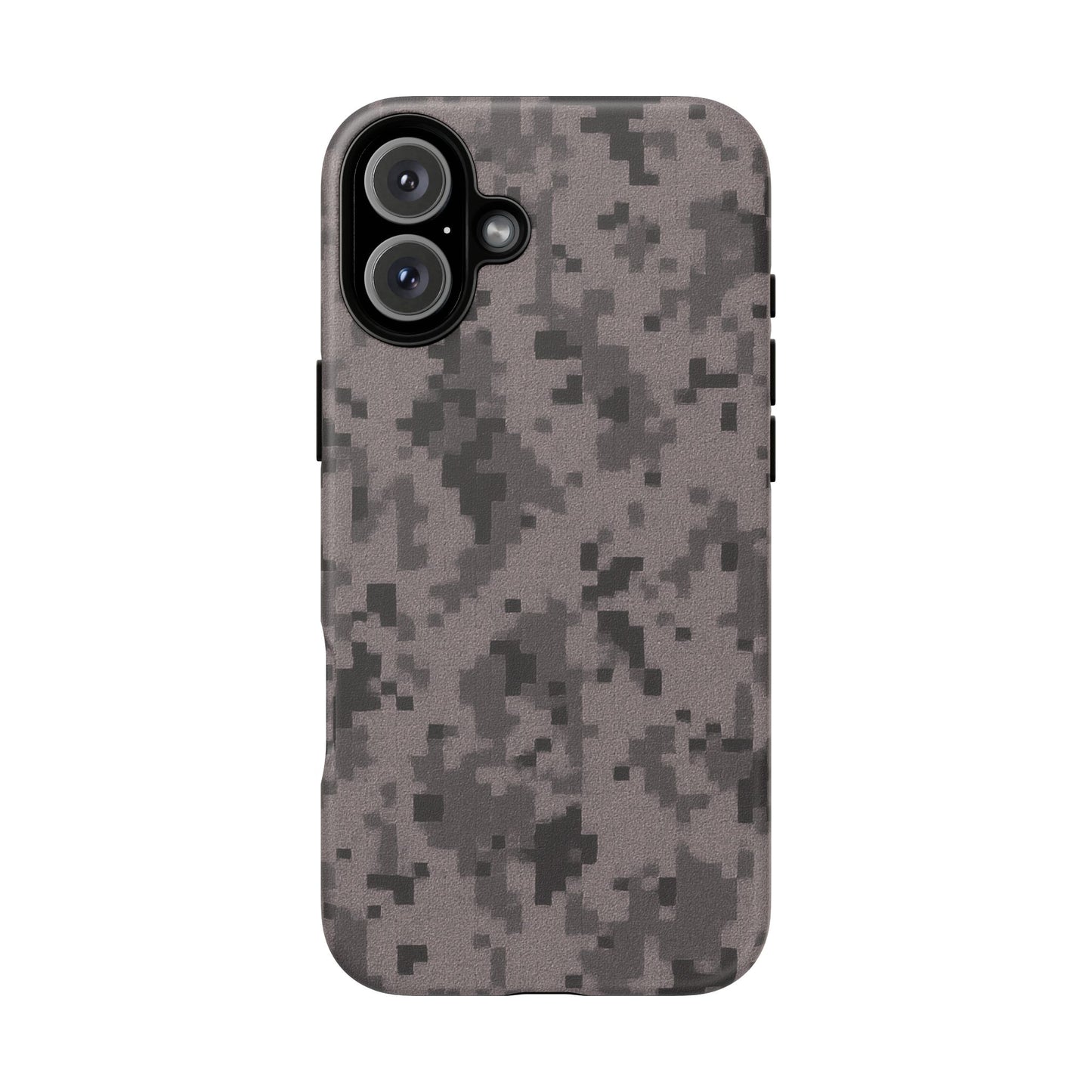 Gray digital camouflage phone case by Printify, tough protective cover for smartphones with modern camo pattern.