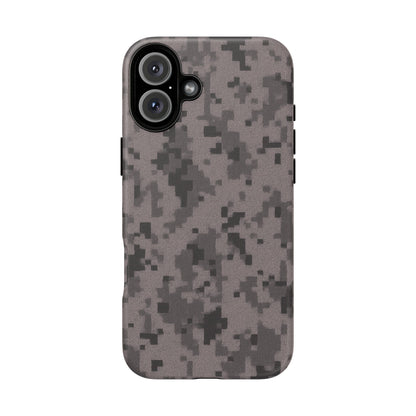 Gray digital camouflage phone case by Printify, tough protective cover for smartphones with modern camo pattern.