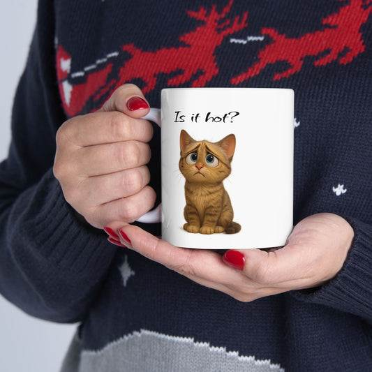 Cute ceramic cat mug with whimsical design, perfect for coffee or tea, ideal gift for cat lovers.