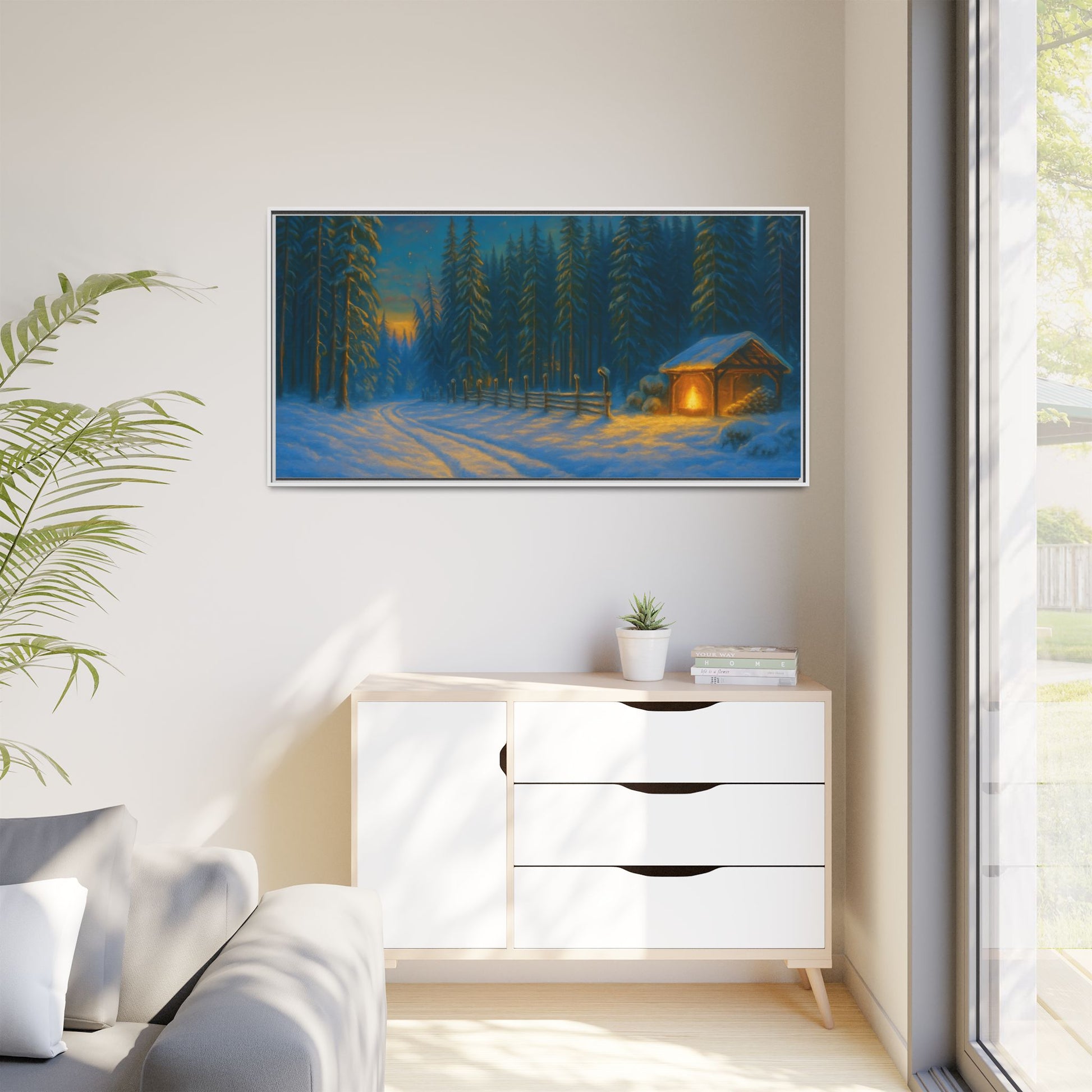 Cozy winter cabin canvas wall art by Printify featuring a snowy forest evening scene, matte framed and perfect for winter decor.