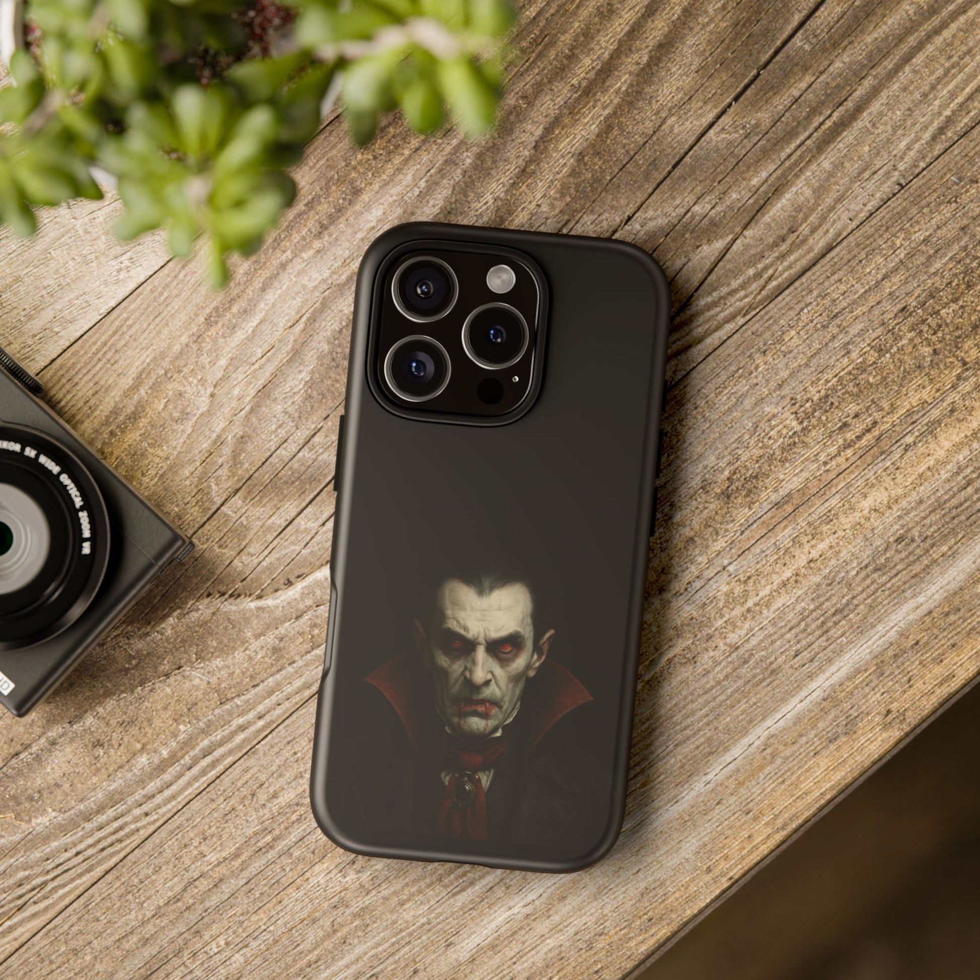 Gothic vampire portrait phone case for iPhone featuring Dracula horror design, made by Printify.