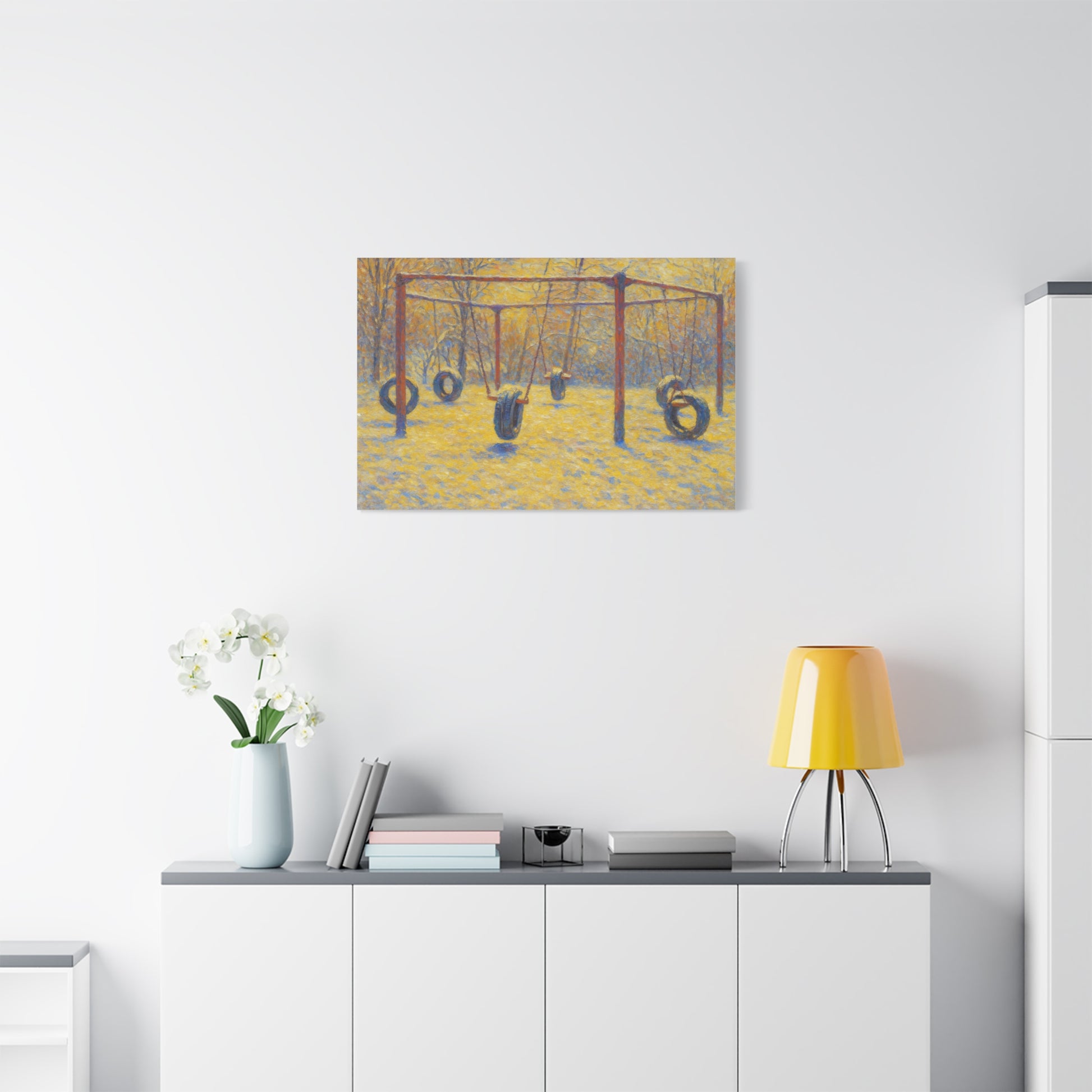 Matte stretched canvas wall art featuring a colorful tire swing playground scene, ideal for children's playroom decor.