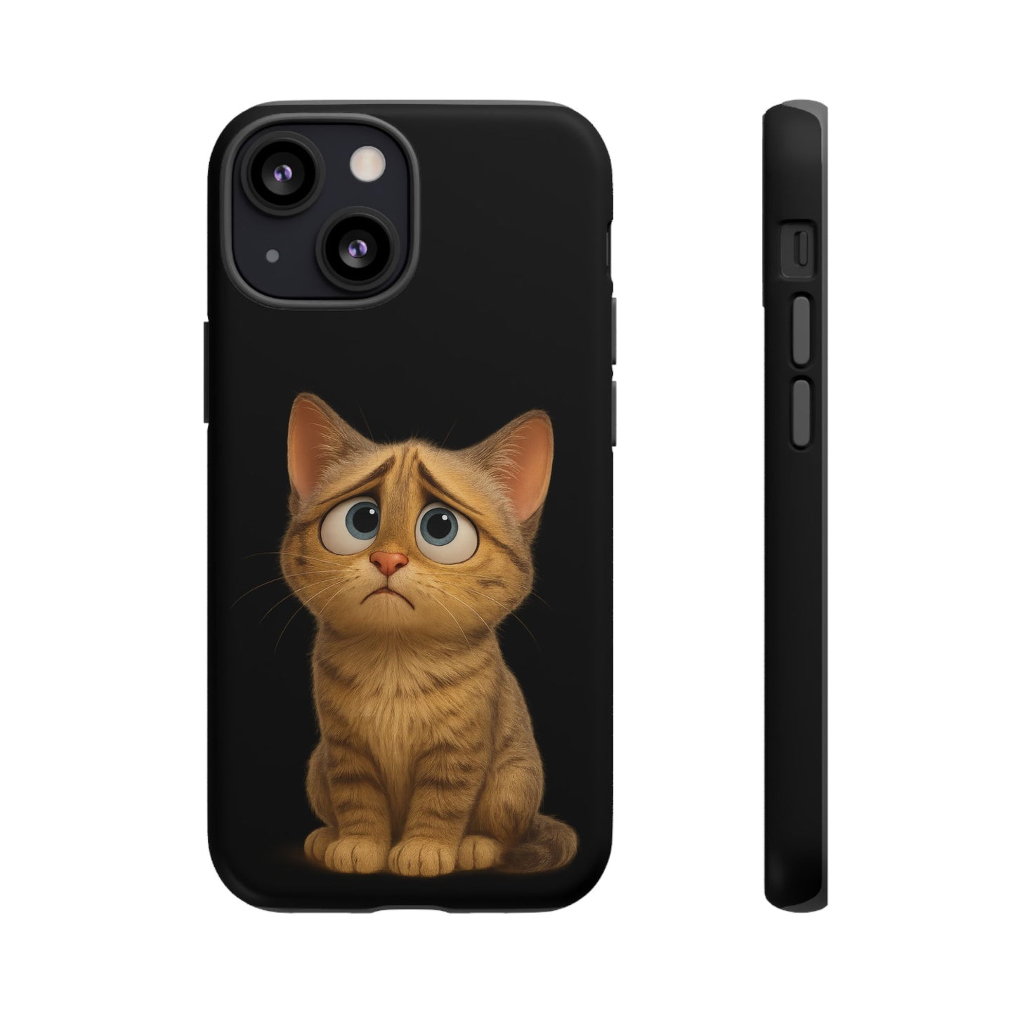 Cute sad kitty print phone case for iPhone, protective and stylish cat-themed case by Printify with a sad kitten design.