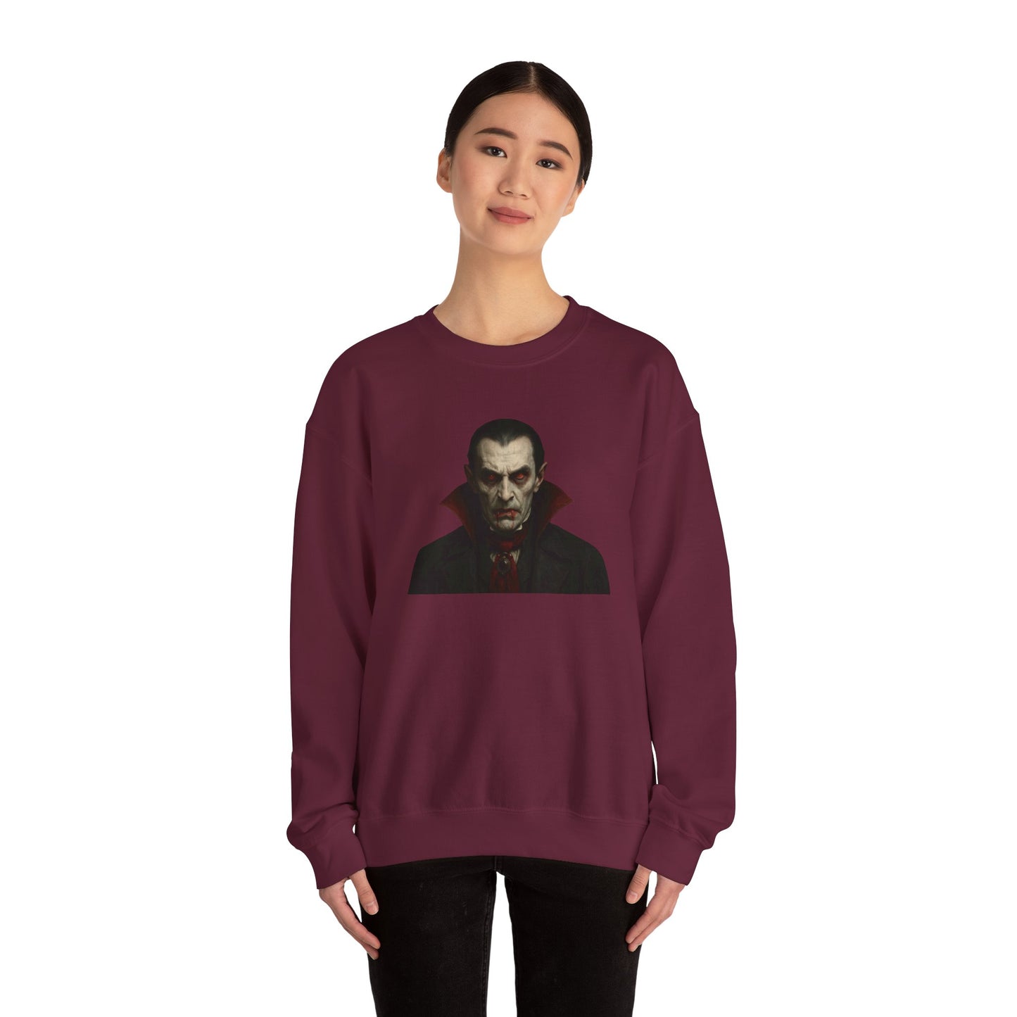 Black vampire portrait crewneck sweatshirt by Printify featuring a detailed gothic vampire face design on the front.