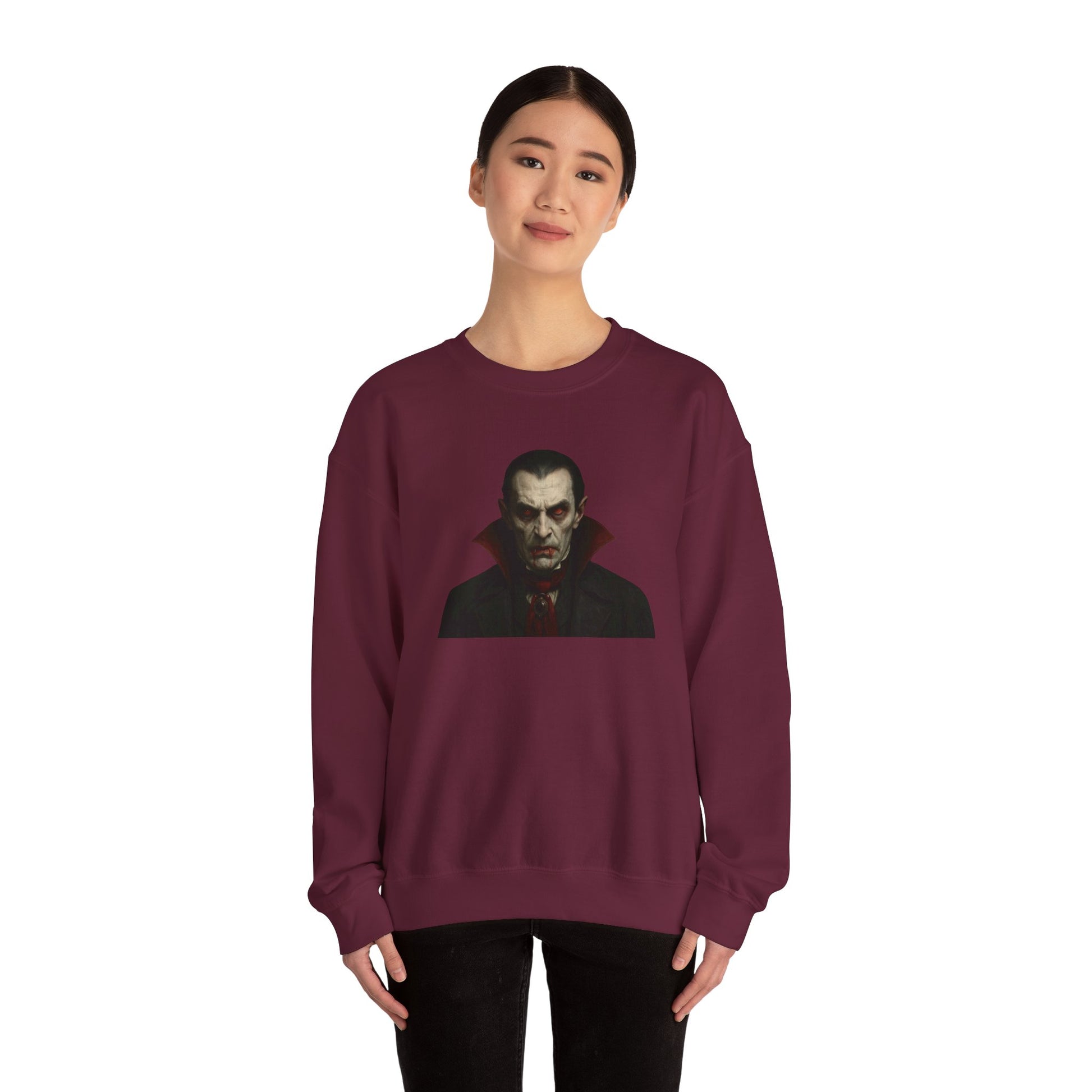 Black vampire portrait crewneck sweatshirt by Printify featuring a detailed gothic vampire face design on the front.