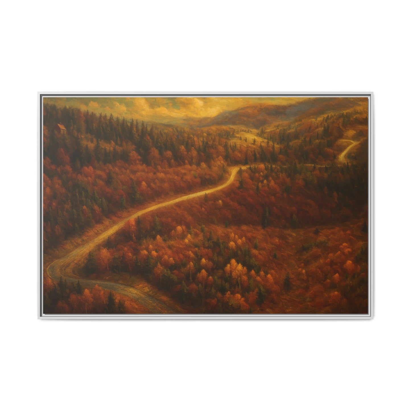 Framed matte canvas print of a forest road landscape, featuring autumn trees and vibrant fall colors, by Printify.