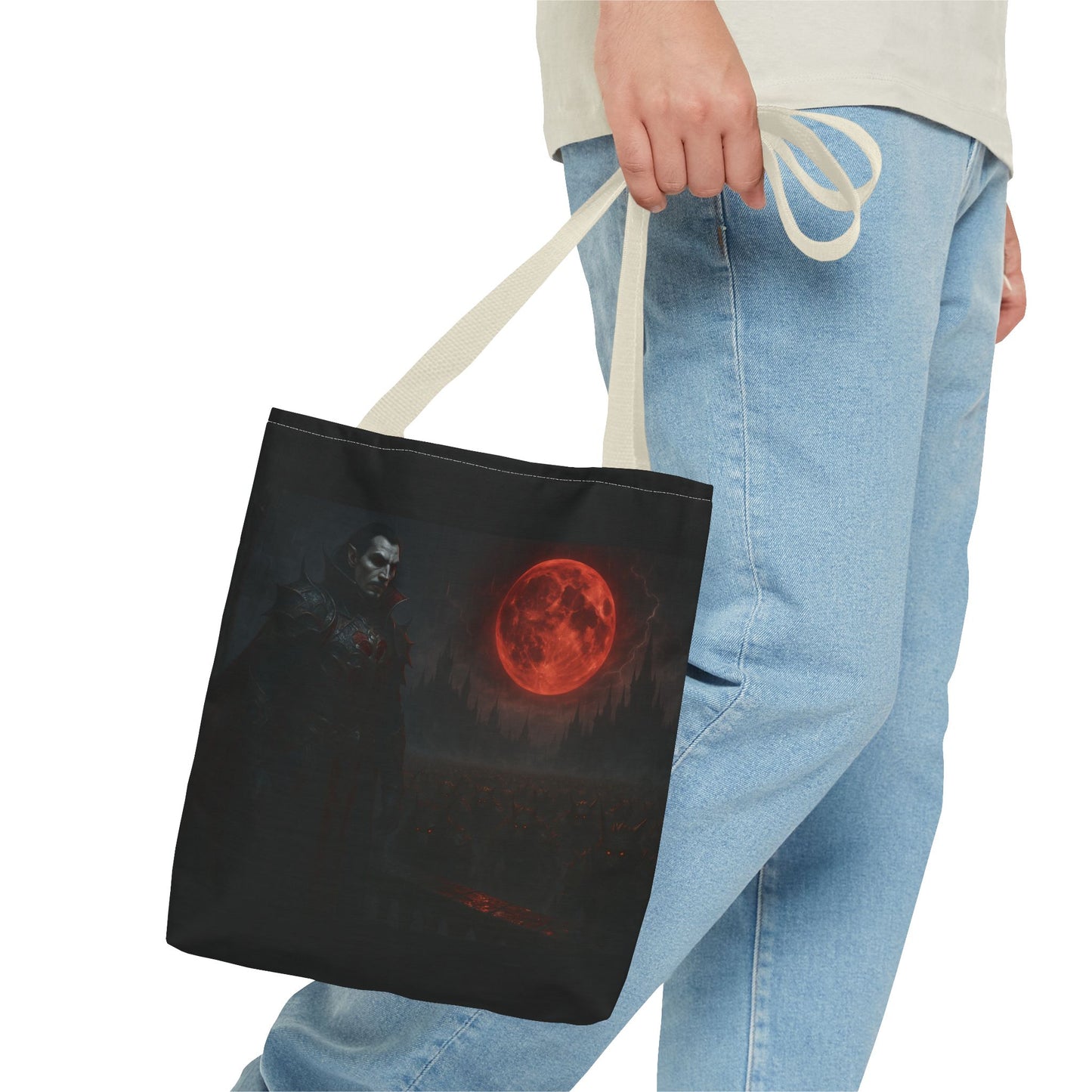 Gothic Dracula tote bag with moonlit vampire art, perfect Halloween gift, made by Printify, featuring dark, spooky vampire design.