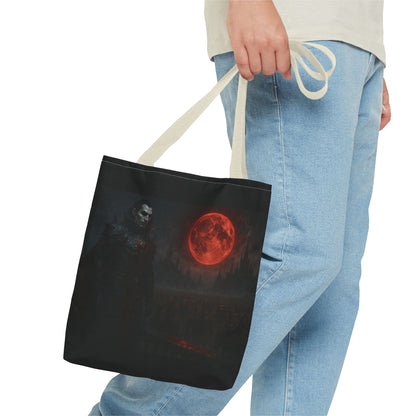 Gothic Dracula tote bag with moonlit vampire art, perfect Halloween gift, made by Printify, featuring dark, spooky vampire design.