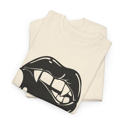 Black graphic T-shirt by Printify featuring a dripping lips 'hmm...' bite design on the front.