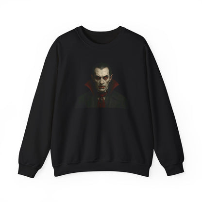 Vampire portrait crewneck sweatshirt by Printify showing a detailed vampire face design on soft fabric.
