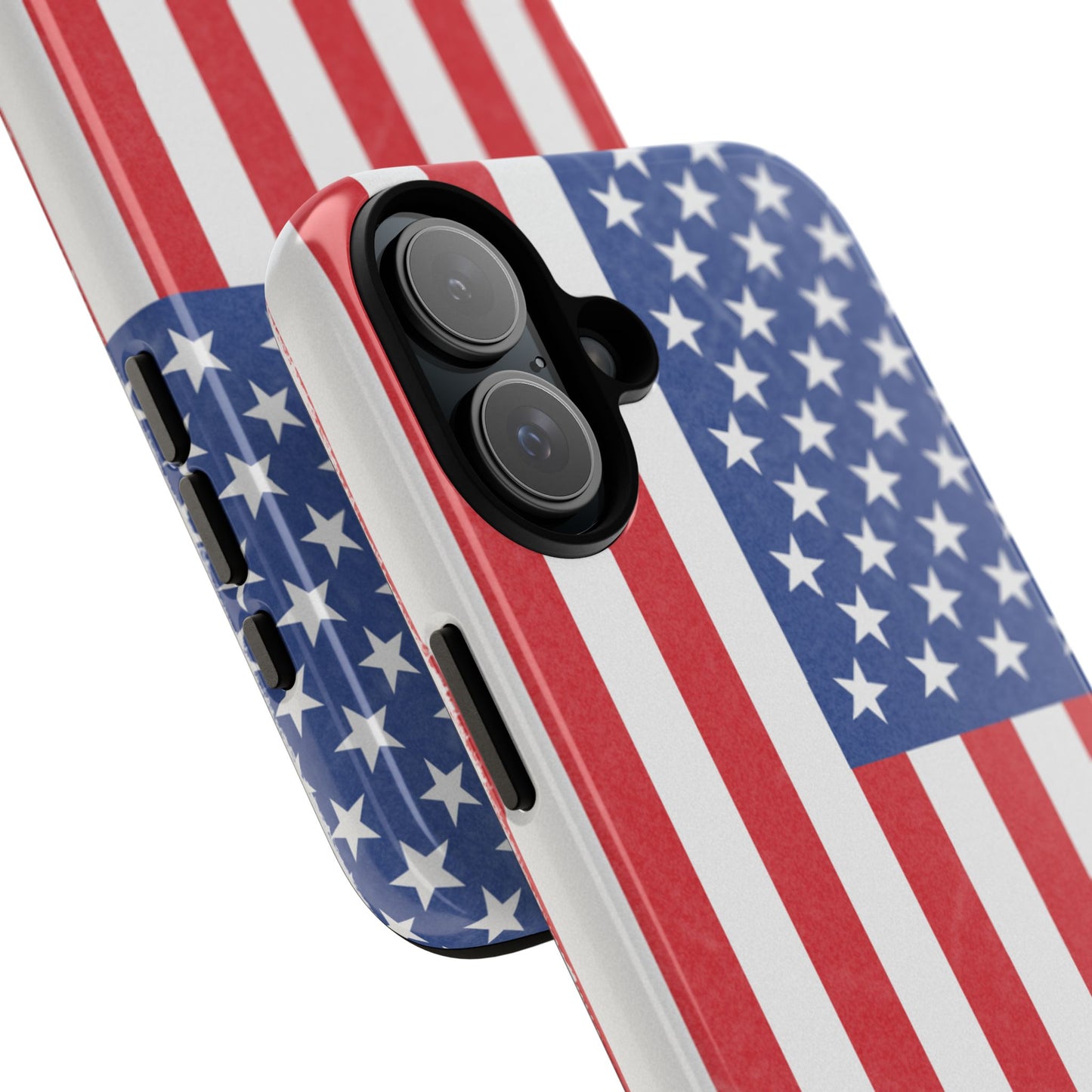 American flag tough phone case for iPhone, durable patriotic cover with bold red, white, and blue design by Printify.